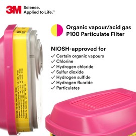 3M P100 Respirator Cartridge/Filter 60923, 1 Pair, NIOSH Approved, Helps Protect Against Organic Vapors, Acid Gases, and Particulates, Magenta, Yellow