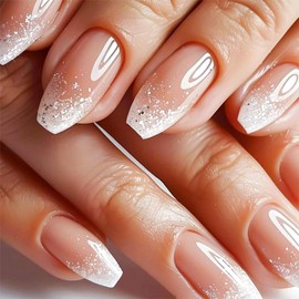 24Pcs Press on Nails Medium Coffin French Tip with Nude Silver Glitter Design Acrylic Nails Fake Nails Thick Glossy Full Cover Glue on Nails Stick on Nails for Women JP3736