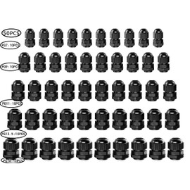 HUAZIZ Pack of 50 Cable Glands Waterproof Cable Connectors Adjustable Cable Glands PG7, PG9, PG11, PG13.5, PG16 Black Nylon Plastic Glands