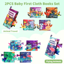 2Pcs Baby Books 0-6 Months, Crinkle Toys, Infant Toys 0-3 Months for Boy/Girl Shower Gift, Newborn Tummy Time Sensory Montessori High Contrast Early Educational Cloth Book for Touch Feel Fly Animal