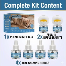 Egdusns Dog Calming Diffuser for Dogs, 2 Diffusers + 4 Refills, Helps Relieve Anxiety, Stress, Barking, Hyperactivity & Nervous Behavior, Long-Lasting Calming Support for Home Use