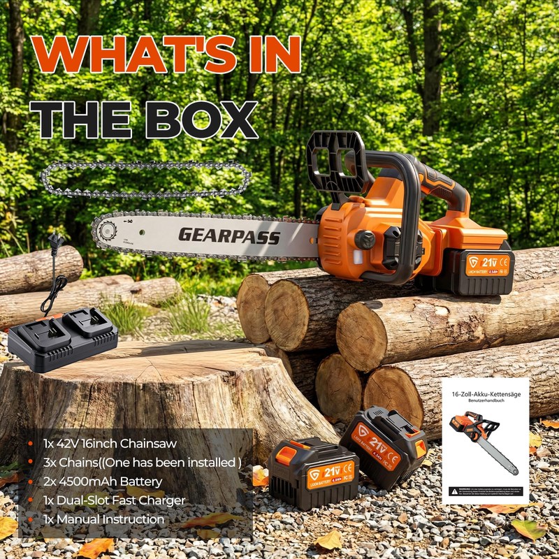 GEARPASS 42V 16-Inch Cordless Chainsaw with 2x 4.5Ah Battery &