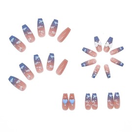 Gentle flashing diamonds aurora butterfly pink purple gradient long ballet trapezoid false nails Coffin Fake Nails Press On Nails (Blue gradient clouds painted bow pearls)…