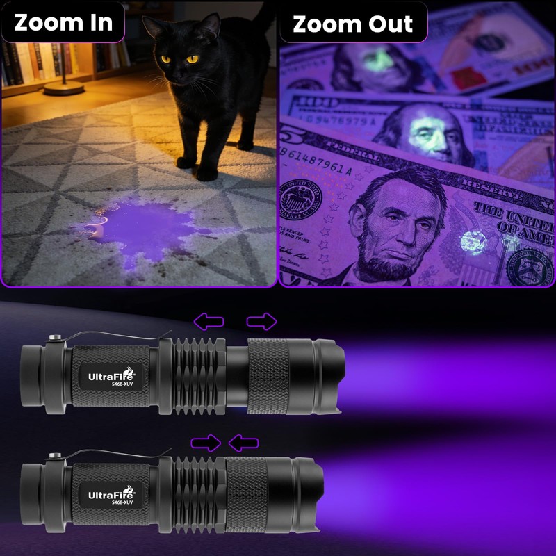 ULTRAFIRE Rechargeable 395nm UV Flashlight Zoomable