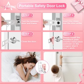 AceMining Portable Door Lock & Alarm System - 4 Pack Pink, Safety, Stainless Steel, Door Mount, Lock