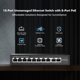 YuLinca 10 Port Mini PoE Switch with 8 PoE+ Ports, 2 Fast Ethernet Uplinks, 10/100 Mbps, 120W 802.3af/at PoE, Fanless Plug & Play PoE+ Network Switch Metal