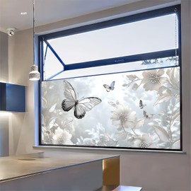 BlissYard Privacy Window Film 39.3×17.7 Inchs Floral and Butterfly Stain Glass Window Film for Glass PVC Anti-UV Sun Sticker Static for Glass Door Home and Office Bedrooms Home Decorations