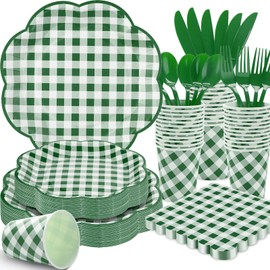 350 Pcs Green Gingham Plates and Napkins Party Supplies - Green and White Checkered Plates Sets Serve 50 Guests - Scalloped Gingham Paper Plate for Birthday Picnic BBQ Golf Party Decorations