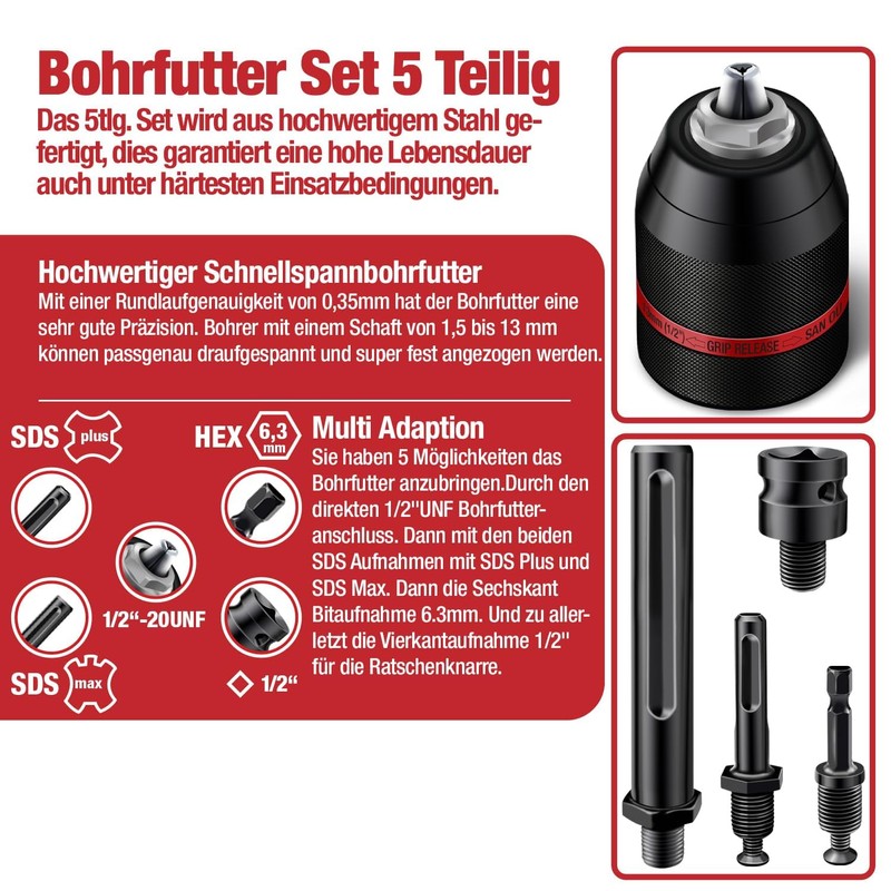 SCHWABENBACH ® Keyless Chuck Complete Set 5-Piece 1.5-13 mm 1/2-20UNF