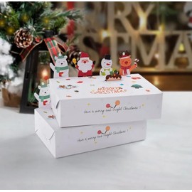 Holiday Cookie Boxes for Gift Giving 10 Box Pack White with Merry Christmas Design and Snow Animal Pop Ups Holiday Treat Boxes, Cookie Tins with Lids for Pastries, Cupcakes, Desserts, and Treats