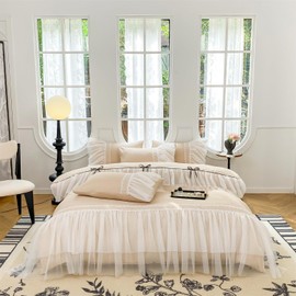 SOUKECHY Lace Ruffled Queen Duvet Cover Set, Chic Bedding with Bow,Kids Princess Bedding,100% Polyester,Lightweight Duvet Cover Set with Zipper Closure,Coquette Room Decor-Champagne,Queen Size