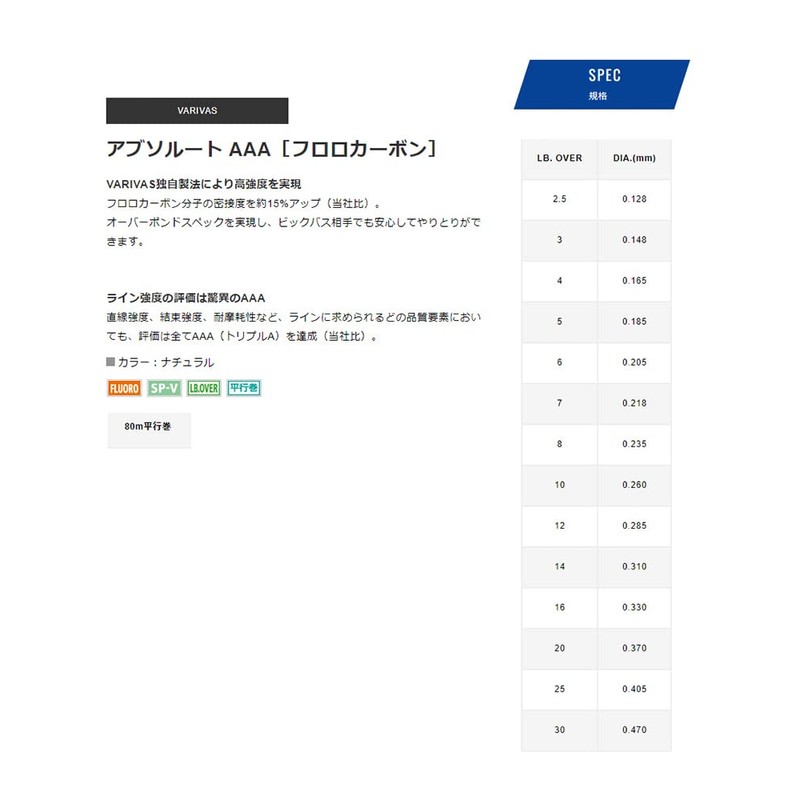 VARIVAS Absolute AAA Fluorocarbon Line, 28.6 ft (80 m), Natural,