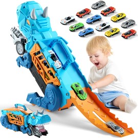 Dinosaurios de Juguetes, Camión de Juguete de Dinosaurios con 12 Coches, Plegable y transformable, Dinosaurios Juguetes para niños, Dos Pistas para Juego multijugador (Azul)