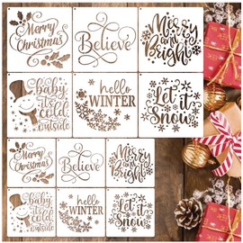 Christmas Stencils for Painting on Wood Reusable Snowflake Large Merry Christmas Pine Tree Nativity Holiday Stencil Snow Templates for Wood Sign Window Floor Crafts Doormats(Christmas Words)
