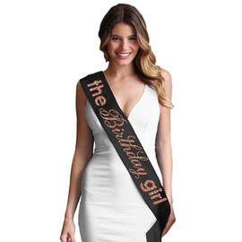 Birthday Girl Sash - Rose Gold Glitter The Birthday Girl Premium Grade Satin Sash - Birthday Party Outfit - Black