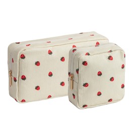 Makeup Bag for Purse Small Cosmetics Bag Corduroy Cute Cosmetic Pouch for Women (2PC Beige Strawberries)