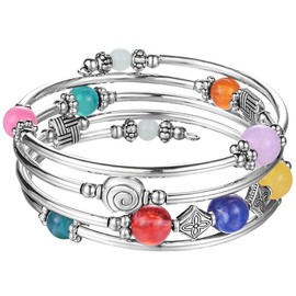 Beaded Pearl Bangle Wrap Bracelet - Fashion Bohemian Jewelry Multilayer Charm Bracelet with Thick Silver Metal Beads, Gift For Women, 2.4 inches, Metal, botswana agate