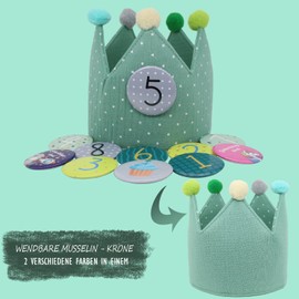 Sugeru Muslin Birthday Crown with Numbers, Boys’, Girls’, Children's Birthday Party Decoration, Party Hat, with Number Buttons from 1–8, Grey II