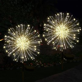 OBOLED Solar Firework Lights Outdoor Waterproof 2Pcs 200 LED with 8 Modes DIY Stake Landscape Light for Outside Garden Yard Pathway Party Decor Christmas Decoration Solar Starburst Lights Warm White