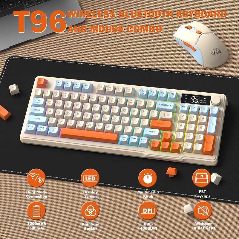 FREEWOLF T96 Smart Display Wireless Gaming Keyboard and Mouse Comb,