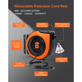 TREEWELL 65FT Retractable Extension Cord Reel, 12AWG/3C SJTOW Heavy Duty Power Cord with Lighted Triple Tap Outlet, 15A Circuit Breaker, 180° Swivel Removable Bracket for Wall/Ceiling Mount, UL Listed
