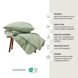 Schiesser Laura Bed Linen Set 2-Piece Plain Elegant Percale Seersucker Made of 100% Cotton Oeko-Tex Certified Zip 135 x 200 cm + 80 x 80 cm Light Green