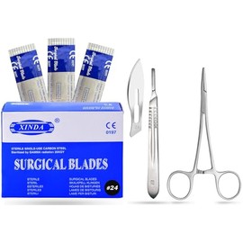 MuskalMed Dermaplaning Cleaning Kit - 100 Scalpel Blades No.24 with Metal Scalpel Handle No.4, and Hemostat Blade Removal – Sterile & Individually Foil Wrapped – Suitable for Dermaplaning and More