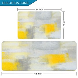 RYANZA 2 Pieces Kitchen Rugs, Abstract Anti Fatigue Non Slip Foam Cushioned Grey and Yellow Art Painting Comfort Indoor Floor Mat Runner Rug Set for Laundry Office Sink Bathroom (17"x48"+17"x24")
