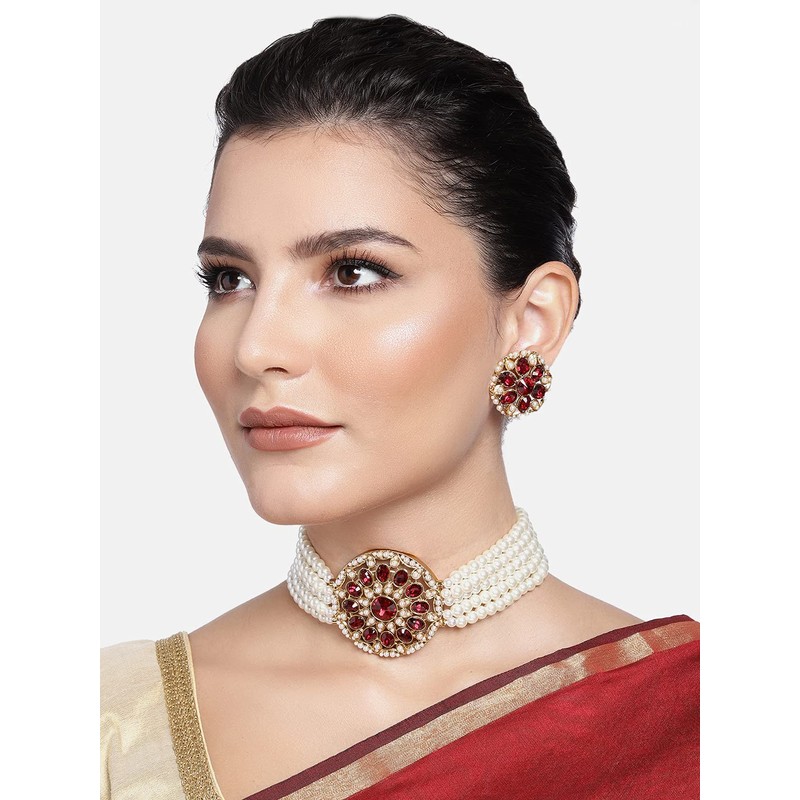 Aheli Kundan Pearl Choker Multi Layered Collar de cuentas Pendientes