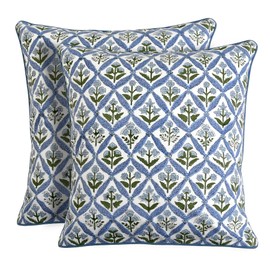 Ridhi Light Steel Blue Block Print Cotton Throw Pillow Covers for Decorative Couch Pillows for Living Room, Chic Boho Cute Outdoor Valentine Pillows Covers Gifts 16x16 Inches