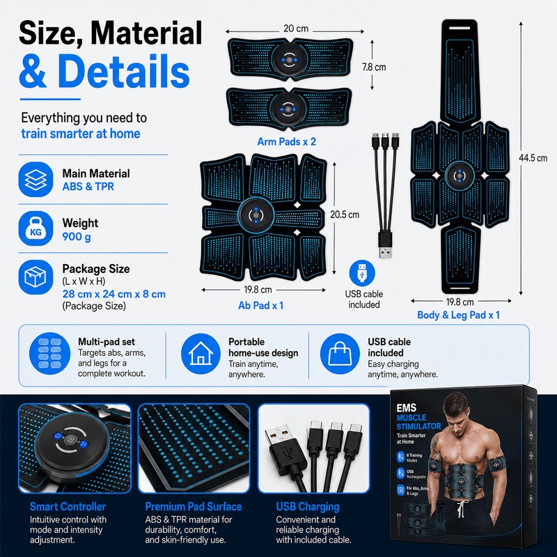 EMS Muscle Stimulator for Home Fitness – USB Rechargeable Ab
