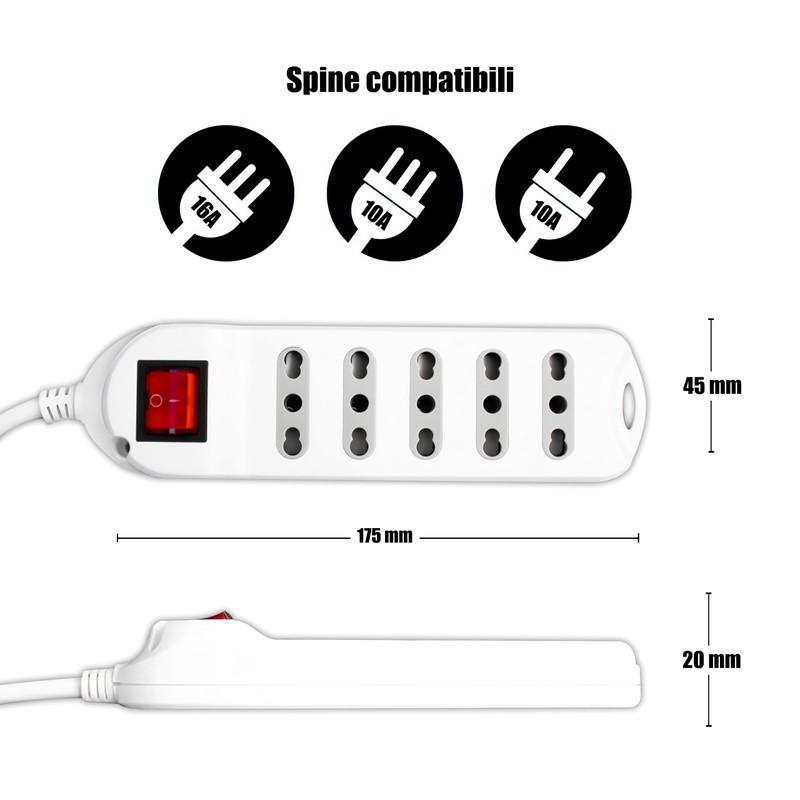 V-TAC Power Strip with Switch and Cable of 1.5 Metres,