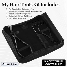 Tape in Hair Extensions Pliers Flat Surface Sealing Hair Extension Tools Kit Includes tape in plier, micro beads & Tapein remover plier Hair Sectioning Clips & Hair Styling & Parting Comb (Black)