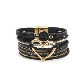 Heart Leather Wrap Bracelets Boho Stackable Cuff Bangles Resin Stone Rhinestone Bracelets with Clasp Jewelry Gift for Women(Black)