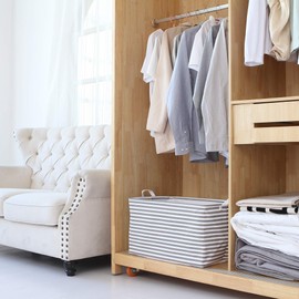 Sea Team Collapsible Extra Large Canvas Fabric Storage Basket with Handles, Rectangle Waterproof Storage Bin, Box, Cube, Foldable Shelf Basket, Closet Organizer, 22 x 15 x 13 Inches, Grey Stripe