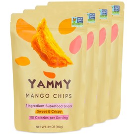 Yammy Dried Mango Chips Family Size (Pack of 4), 1 Ingredient Superfood Snack, Low Calorie, Healthy Unsweetened Mango Fruit Slices, Crispy Like Freeze Dried, No Sugar Added, Individual Packs, Gluten Free, Vegan