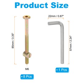 PATIKIL M6 x 85mm Bunk Bed Bolts, 8 Pack Hex Drive Socket Cap Barrel Screws Bolt Nuts Assortment Kit with 1Pcs Wrench for Furniture Bed, Zinc Color