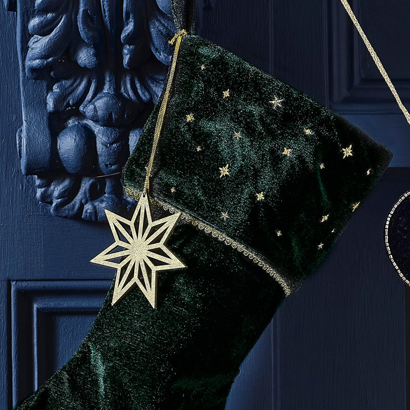 Ginger Ray Green Velvet Embroidered Christmas Stocking with Charm Fireplace