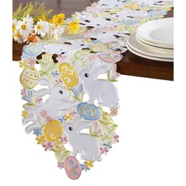 Easter Table Runner Spring Bunnys Flowery Table Runner Cutwork Embroidered Floral and Bunnys Dresser Scarf Table Topper Home Kitchen Dining Tabletop Decoration (Runner 13"×36", Bunny)