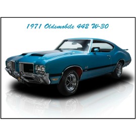 1971 Oldsmobile 442 W-30 Metal Sign: Fully Restored in Blue w Black Trim