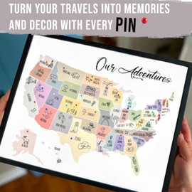 flinelife Usa Travel Map Framed With Pins, 12X10, Our Adventures Travel Map, 50 States Travel Map Pin Board, Perfect Travel Map For Couples Gift