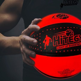 HITEGY Glow in The Dark Basketball - Water-Resistant, Size 7, Impact Activated, Includes Pump, Manual, Pre-Installed Batteries & 10 Extra Batteries - Light Up Basketball - Orange (Star)