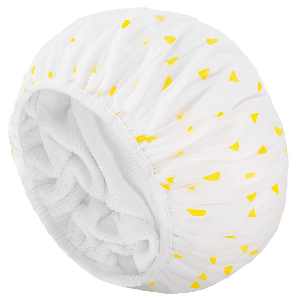 Auban Shower Cap Shower Cap for Women Terry Cloth Lined EVA Outer Reusable Double Layer Waterproof Large Bath Hair Cap for All Hair Lengths (Yellow)