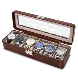 BareTulip Watch Box-Organizer for Men and Women Watch Case-Holder 6 Slot Watch Box Pu Leather Watch Display with Glass Window and Lock Brown