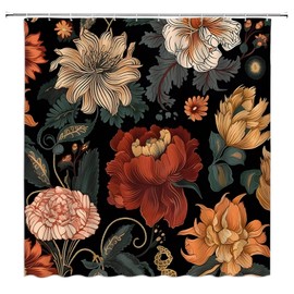 KDYDK Black Boho Floral Shower Curtain Retro Watercolor Rose Peony Abstract Mid Century Modern Vintage Tropical Leaves Botanical Aesthetic Decor Bathroom Curtain Set with Hook