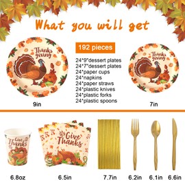 Wigood 192 PCS Thanksgiving Party Supplies Disposable Plates, 24 Paper Plates,Cups,Straws,Napkins,Knives,Forks and Spoons Dinnerware Sets for 24 Guests with Safe Food Oil Printed Turkey Design