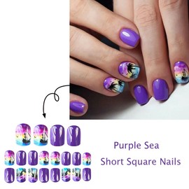 ONPRESS 24Pcs Coconut Tree Press on Nails Short Square Fake Nails with Purple Ombre Design Summer Full Cover Acrylic Nails False Nails Blue Gradient French Tip Glue on Nails Stick on Nails for Women