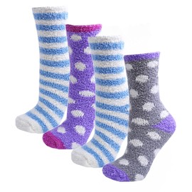 Thingimijigs 4 Pairs Ladies Striped & Spotty Patterned Soft Fluffy Socks