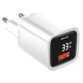 Eaxus® USB A + USB C Charger with Display - 2 Port 33 W USB Power Supply with Power Delivery / QC4.0 & Quick Charge Function, White