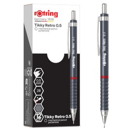 rOtring Tikky Retro Mechanical Pencils , 2B 0.5 mm , Grey Barrels , with Comfort Rippled Grip , 12 Count